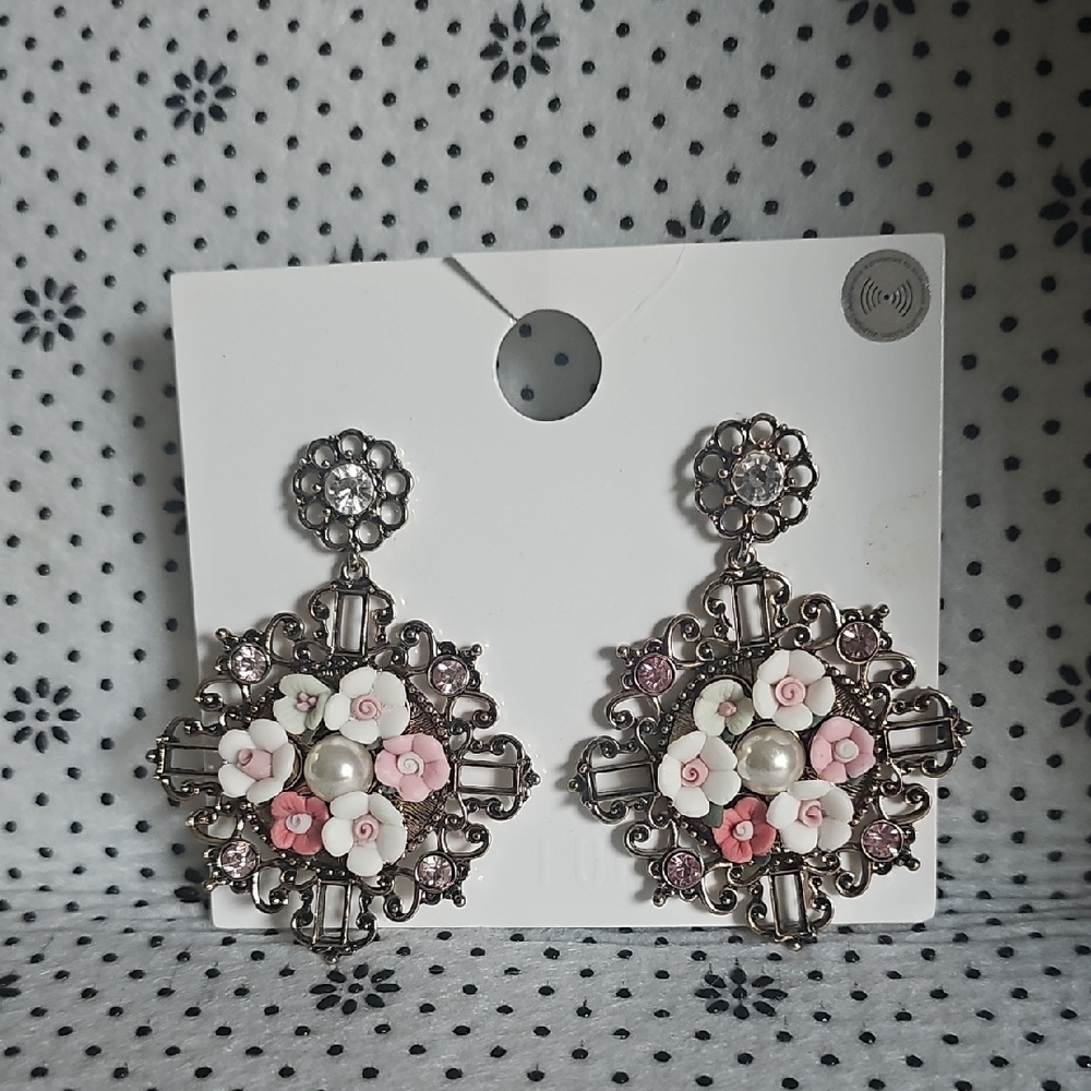 Floral Silver and Pink Statement Earrings